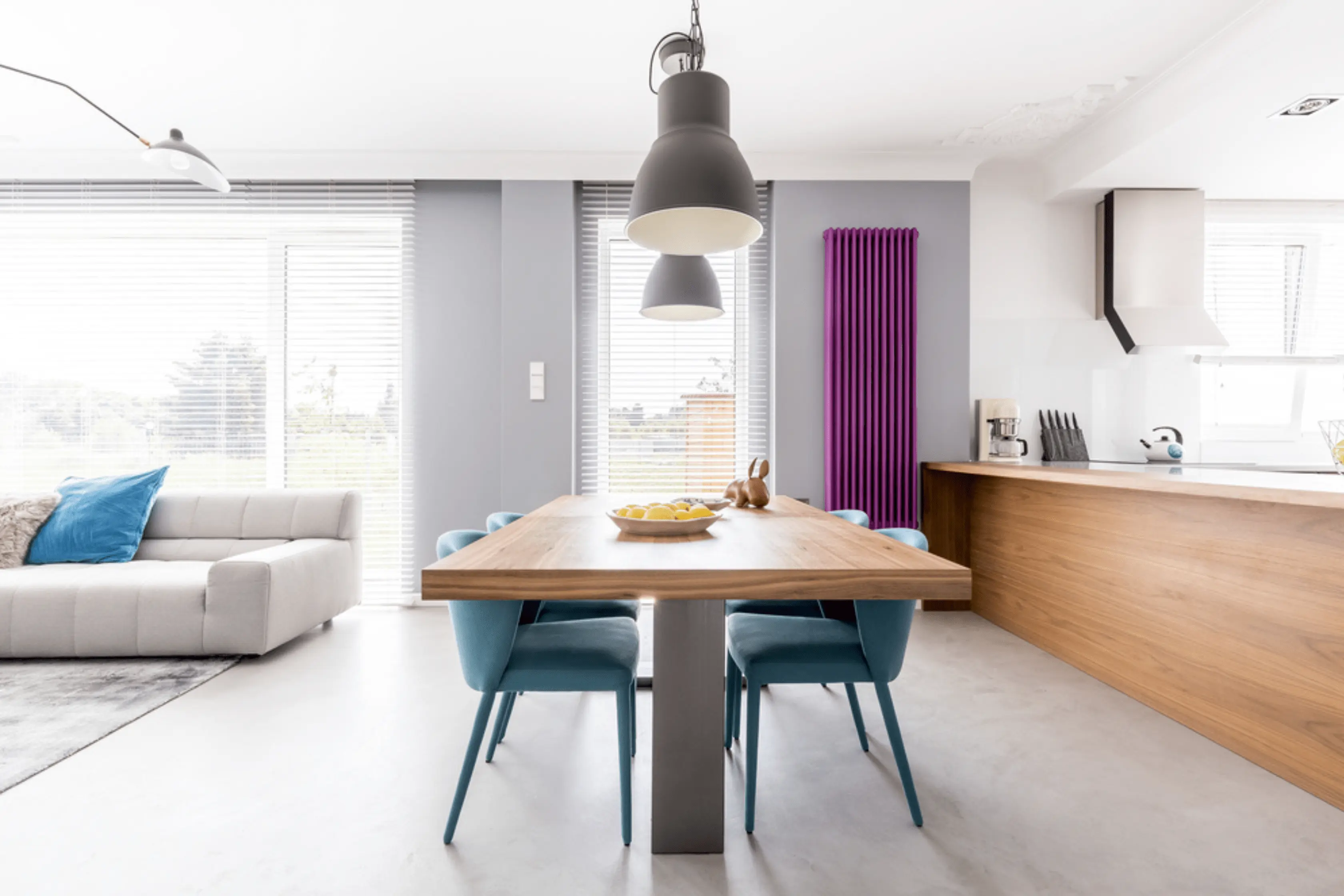 Vertical Kitchen Radiator In Purple In A Natural Light Room